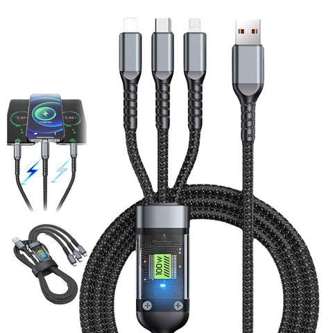 13111 3-in-1 Super Fast Charging Cable 100w, Multifunctional Convenient Super Fast Charging Cable Nylon Braided Cord, 3-in-1 Silicone Zinc Alloy 3 Head Charging Cable